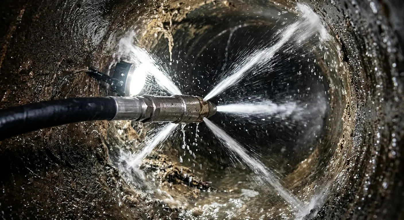 High-pressure hydro jetting nozzle cleaning sewer pipe for Sewer Cleanout in Hanover