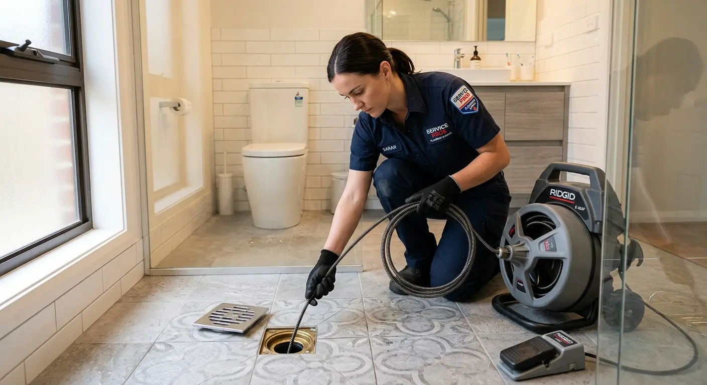 Technician clearing a bathroom floor drain for Hydro Jetting in Hanover